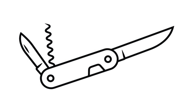 Black and white line illustration of an unfolded multi-tool pocket knife with a corkscrew and two blades, isolated on white.