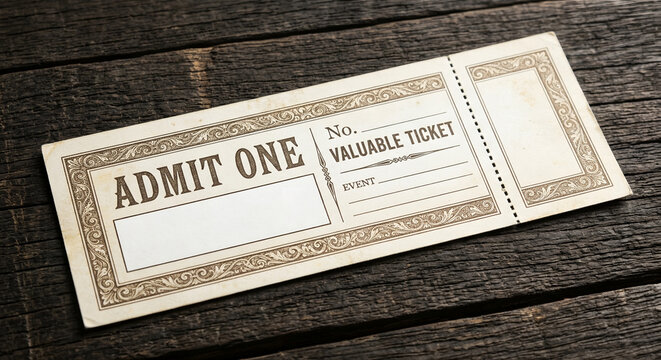A vintage entrance or admission ticket mockup placed on a wooden table.