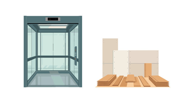 Elevator interior cabin placed beside stacked drywall panels and wooden flooring materials for interior renovation project work.