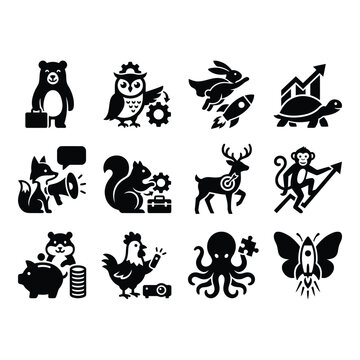 Black Icons of Various Animals and Objects on White Background