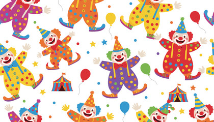 Obraz premium Playful seamless pattern of colorful circus clowns, circus tents, and balloons in a bright repeating design on white.