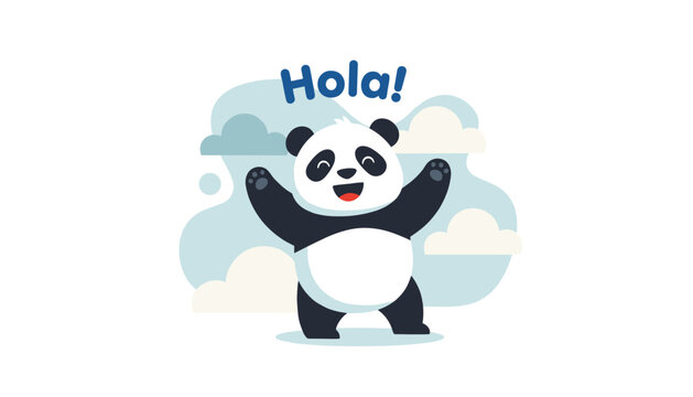 Adorable cartoon panda bear waving happily with speech bubble saying Hola against a soft blue sky with fluffy clouds.