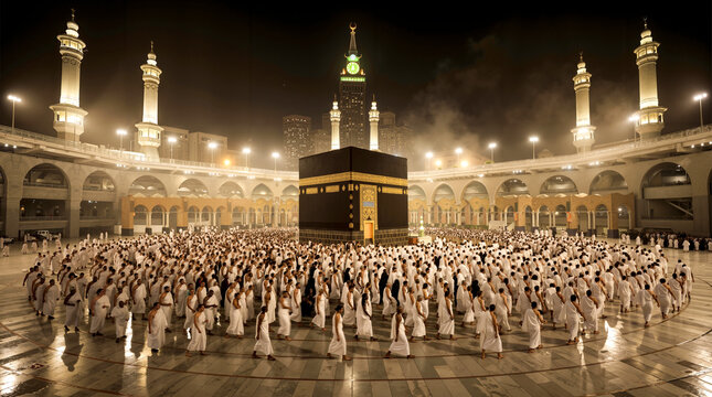 Muslim pilgrims performing the sacred tawaf ritual around the Kaaba at night in Mecca