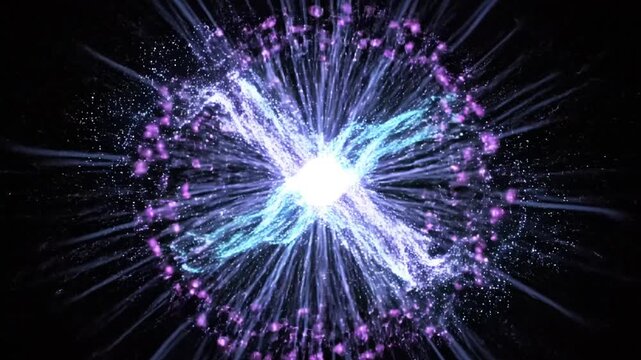 Vibrant purple and blue light explosion occurs in dark space with sparkling particles