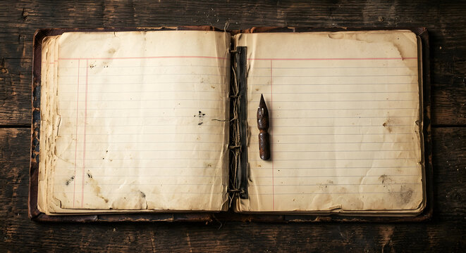 An old-fashioned, blank-lined ledger book with a pen on a wooden desk.