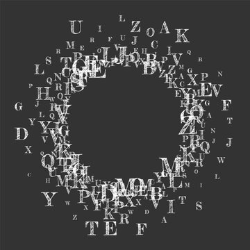 Scattered letters of latin alphabet. White chalk floating characters of English language. Foreign languages study concept. Back to school banner on blackboard background.