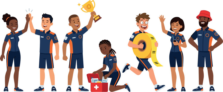 Diverse Paramedic and Emergency Medical Rescue Team Character Set Celebrating Success with Trophy First Aid Kit and Emergency Tools Vector Illustration