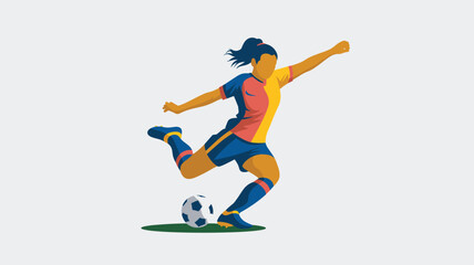 Fototapeta premium Female player in blue and yellow uniform performing a dynamic kick demonstrates professional skill and intense motion in stadium.