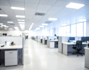 Fototapeta premium Defocused interior of a bright office space with cubicles, desks, and overhead lighting