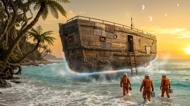 Astronauts exploring alien planet beach with a mysterious levitating old wooden ship at sunset