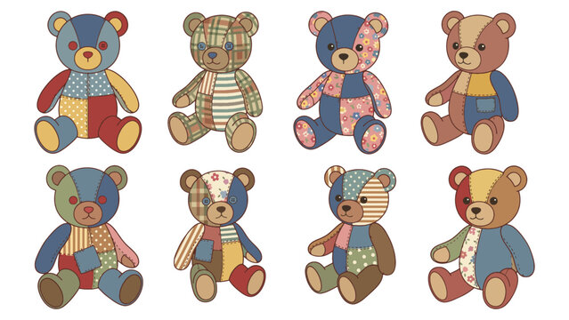 Cute patchwork teddy bear seamless pattern vintage flat vector illustration