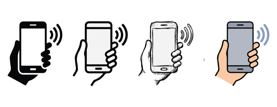 Hand holding smartphone with signal waves isolated on transparent background technology illustration for apps websites and presentations