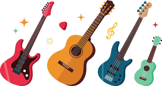 Guitar vector set with electric acoustic bass ukulele instruments music notes and plectrum isolated on white background for rock band festival design