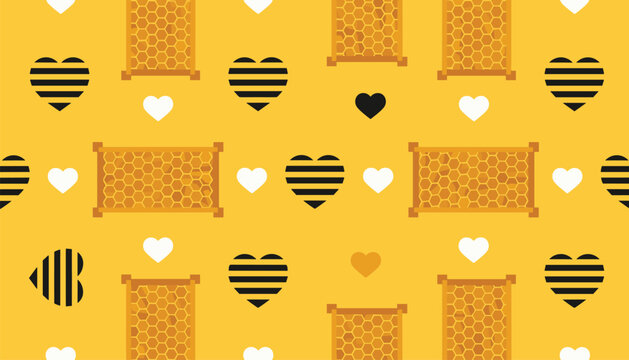 Seamless pattern of yellow honeycomb frames, striped hearts, and solid white hearts on a bright yellow background.