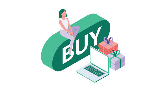 Woman sitting on a large 3D green icon with an open laptop and gift packages arranged for online shopping and retail tasks.