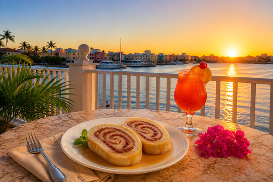 Authentic Bahamian Guava Duff Dessert and Rum Punch at Freeport Marina Sunset Waterfront Dining Scene