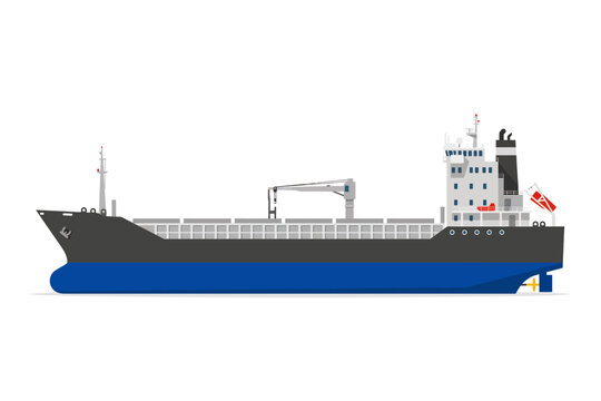 Large cargo ship with crane and containers on deck sailing on ocean