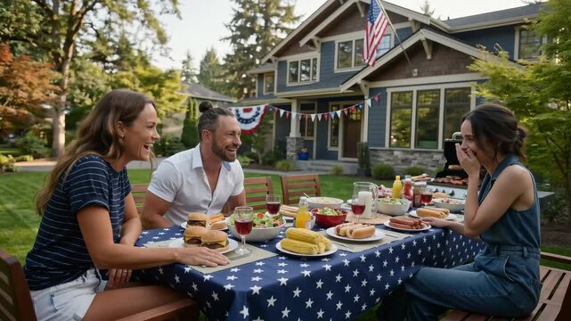Friends Laughing at Fourth of July BBQ Table &mdash; Patriotic Backyard Party with Burgers, American Flag and Bunting