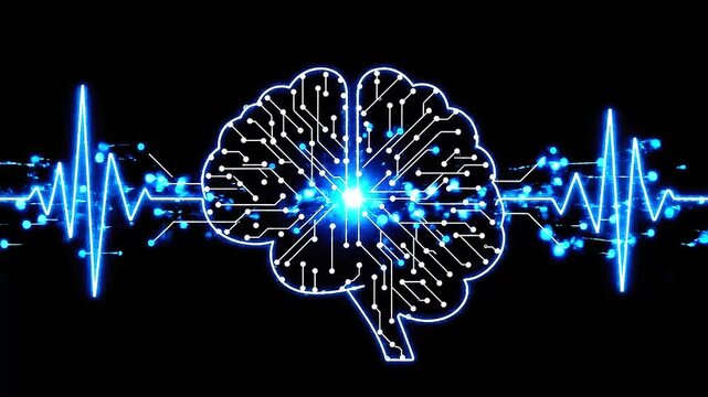 Glowing Blue Brain with Electroencephalogram on Black Background, Digital Art Concept Illustration