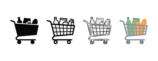 Shopping cart icons in various styles from solid black to detailed grayscale and colorful versions isolated on transparent background © Rayhan