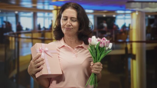 Woman holding pink gift box and bouquet of tulips, fingers touching ribbon, in airport terminal; wistful gratitude.