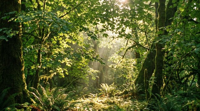 Sunbeams Filtering Through Lush Temperate Rainforest Canopy