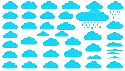 Fototapeta premium Collection of stylized, turquoise clouds in various shapes with a white background