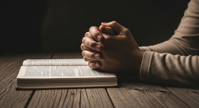Close-up of Hands Clasped in Prayer Over an Open Holy Bible on a Rustic Wooden Table in Dim Light