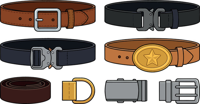 Men leather and tactical belts vector set with different buckles including western star classic frame and quick release cobra style for fashion accessory design