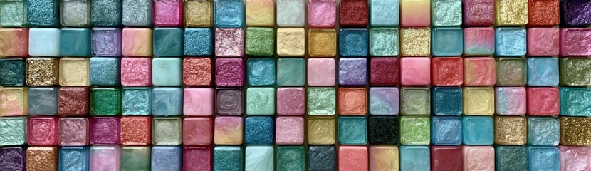 Fototapeta premium Colorful square mosaic tile pattern with glossy textured tiles for decorative wall background and interior design use