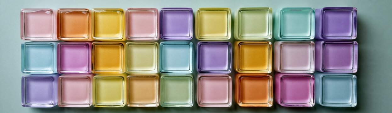 Pastel glass jar grid with assorted colored liquids in square containers for minimalist product display and soft background design