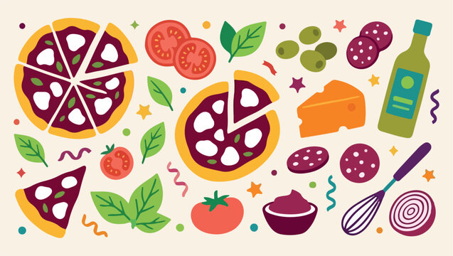 Italian pizza slice, fast food pattern, delicious cheesy meal, tasty dinner icons, restaurant kitchen symbols, culinary snack elements, savory dough toppings, baked feast art
pizza, italian, food, fas