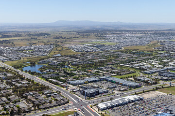 Fototapeta premium Northern Melbourne residential suburb aerial view of housing, roads and green space, Victoria Australia