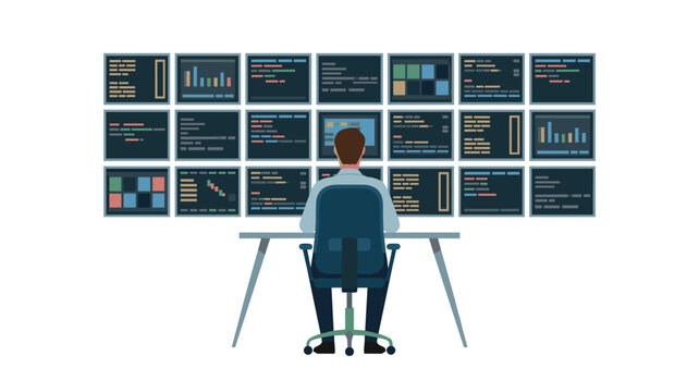 Data analyst observing a wall of eighteen computer monitors displaying complex charts and code in a modern office setup.