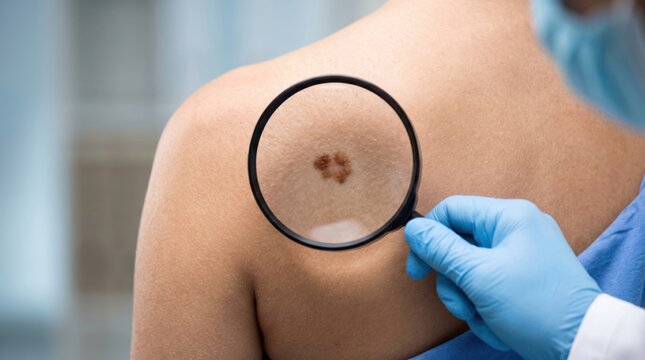 Dermatologist examining a suspicious mole on a patient shoulder with a magnifying glass skin care dermatologist exam