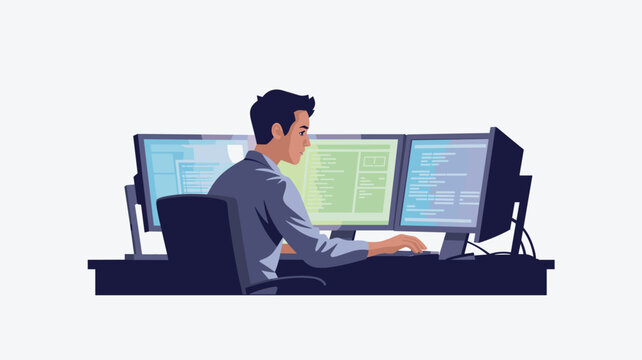 Programmer working on three computer monitors displaying code in a clean office environment for complex software development projects.