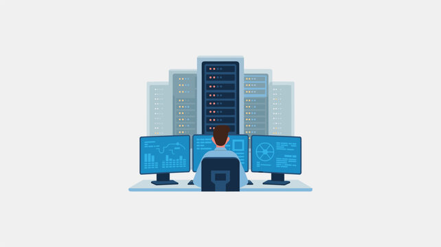 Data center professional working at a workstation with three monitors centered in front of a tall prominent server rack cabinet for IT.