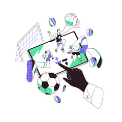 Obraz premium Online sports betting concept. Wagering hand on football and volleyball with mobile phone. People are gambling, playing fortune games on smartphone. Flat isolated outline vector illustration on white