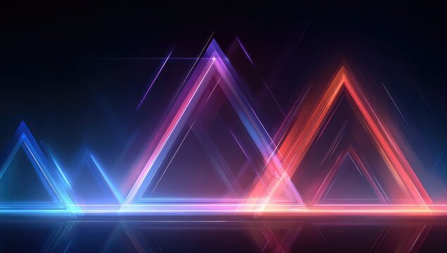 Illuminated, glowing geometric mountain shapes in vibrant blue, purple, and orange hues. A dark, reflective surface below