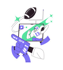 Naklejka premium Sports fan supports American football team with foam glove on hand. Person is watching rugby match on TV and celebrates winning, success. Flat isolated outline vector illustration on white background