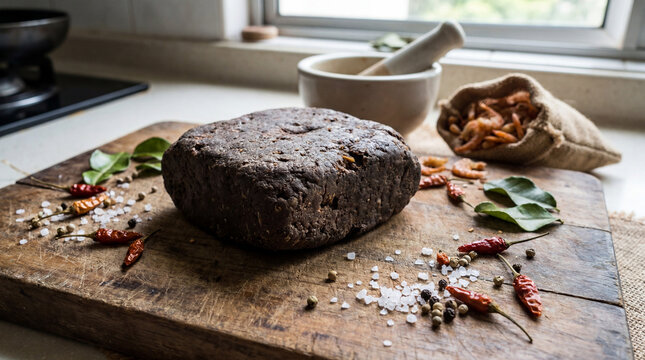 Belacan block on wooden board with spices