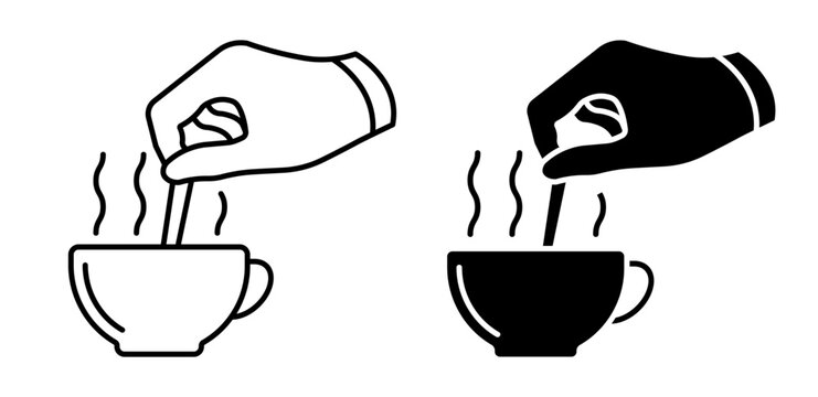Linear icon. Man hand stirs coffee with teaspoon in cup of hot water. Simple black and white vector symbol isolated on white background