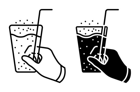 Linear icon. Person hand holds transparent glass with cool carbonated drink and drinking straw. Simple black and white vector symbol isolated on white background