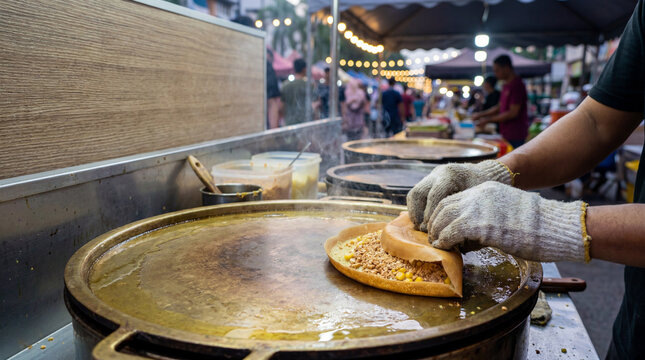 Man preparing apam balik at a street food market
