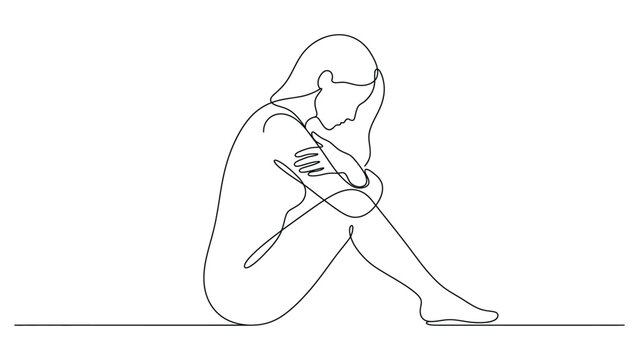 Continuous line drawing of a sad woman sitting alone.
