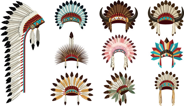 Native American headdress vector collection featuring traditional feather war bonnets with tribal beads horns and colorful elements for cultural illustration design