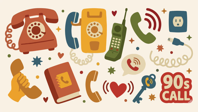Old telephone technology, digital communication icons, retro tech pattern, contact connection symbols, voice message elements, vintage office tools, modern mobile gear, social interaction art
communic