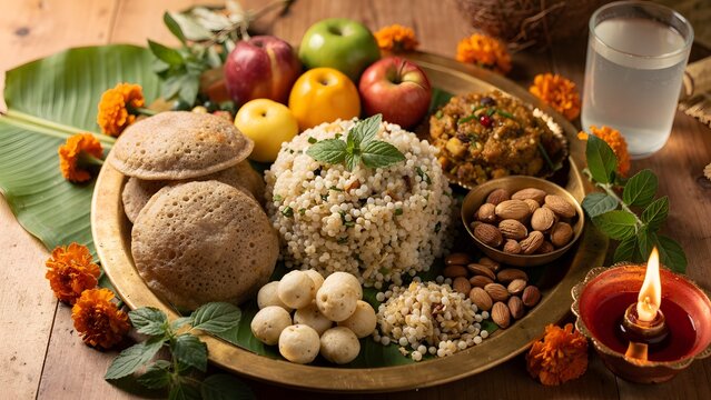 Traditional Indian religious fasting food platter with sabudana, fruits, and diya lamp
