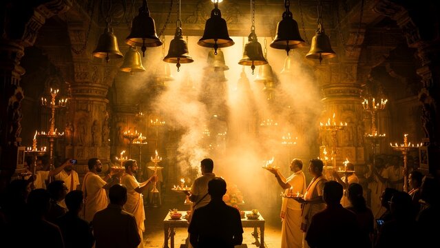 Devotees performing traditional evening aarti ritual in an Indian temple