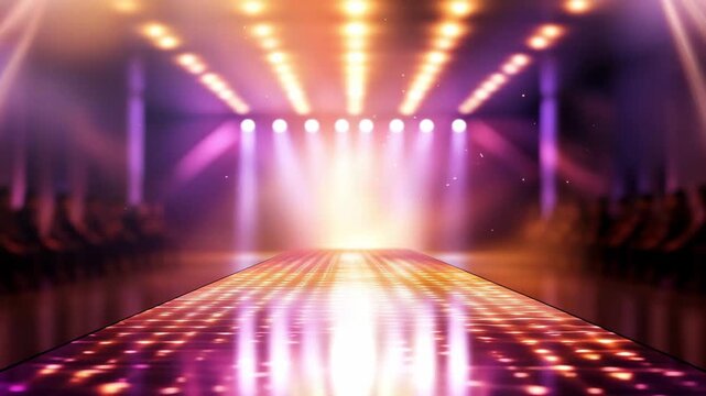 The runway illuminates with bright lights as guests await the start of a fashion event in an indoor location